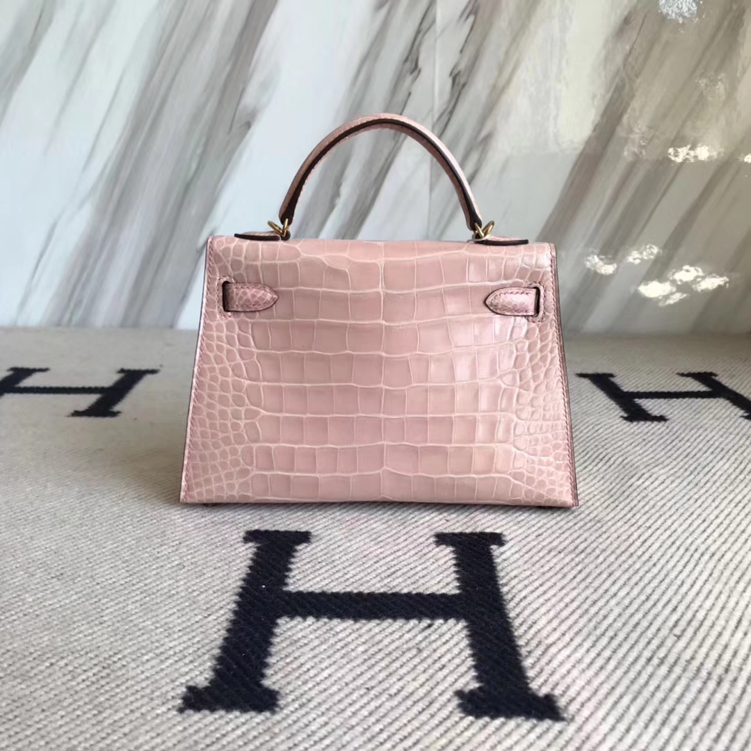 Pretty Hermes Shiny Crocodile Minikelly-2 Clutch Bag in 5Z Rose Indienne Gold Hardware