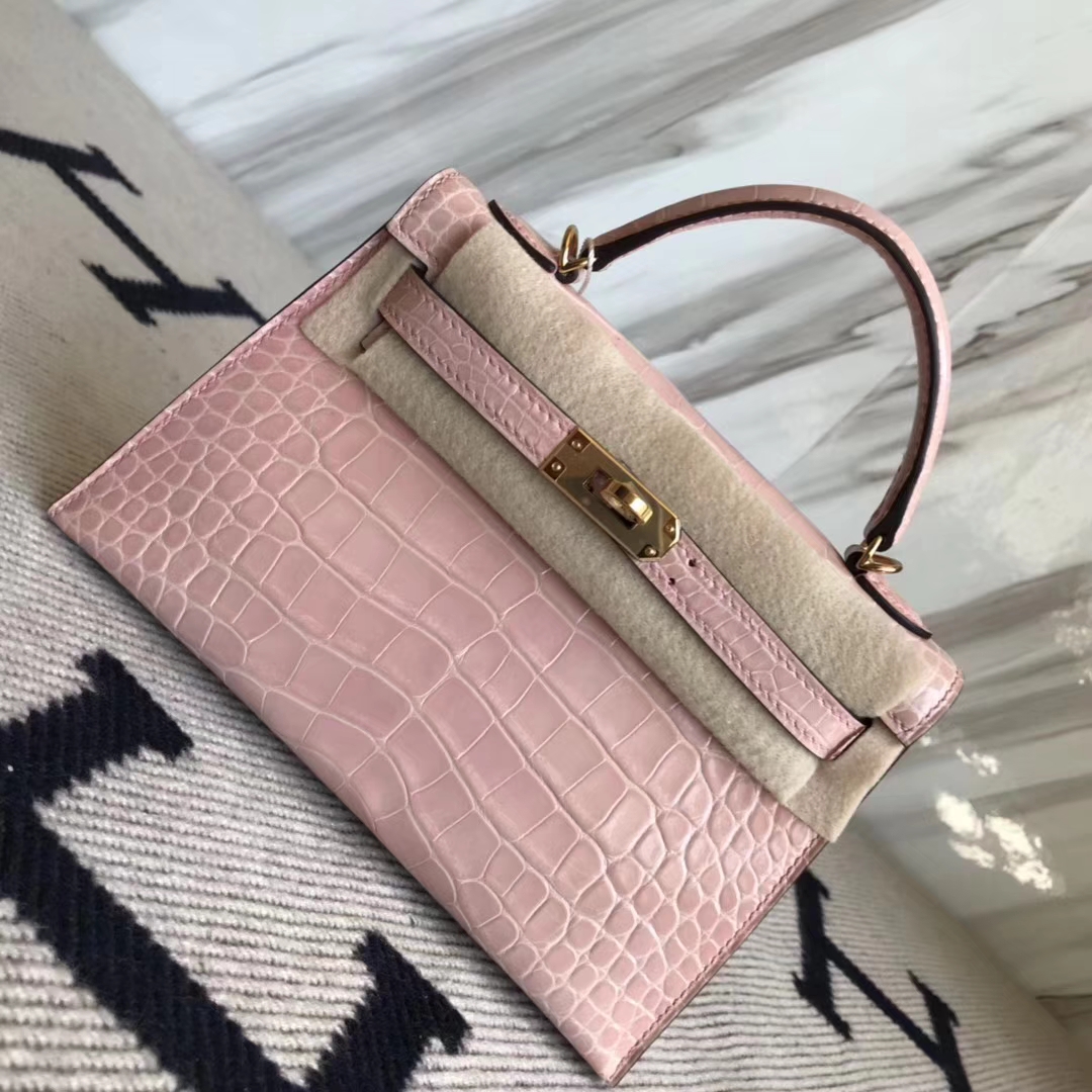 Pretty Hermes Shiny Crocodile Minikelly-2 Clutch Bag in 5Z Rose Indienne Gold Hardware