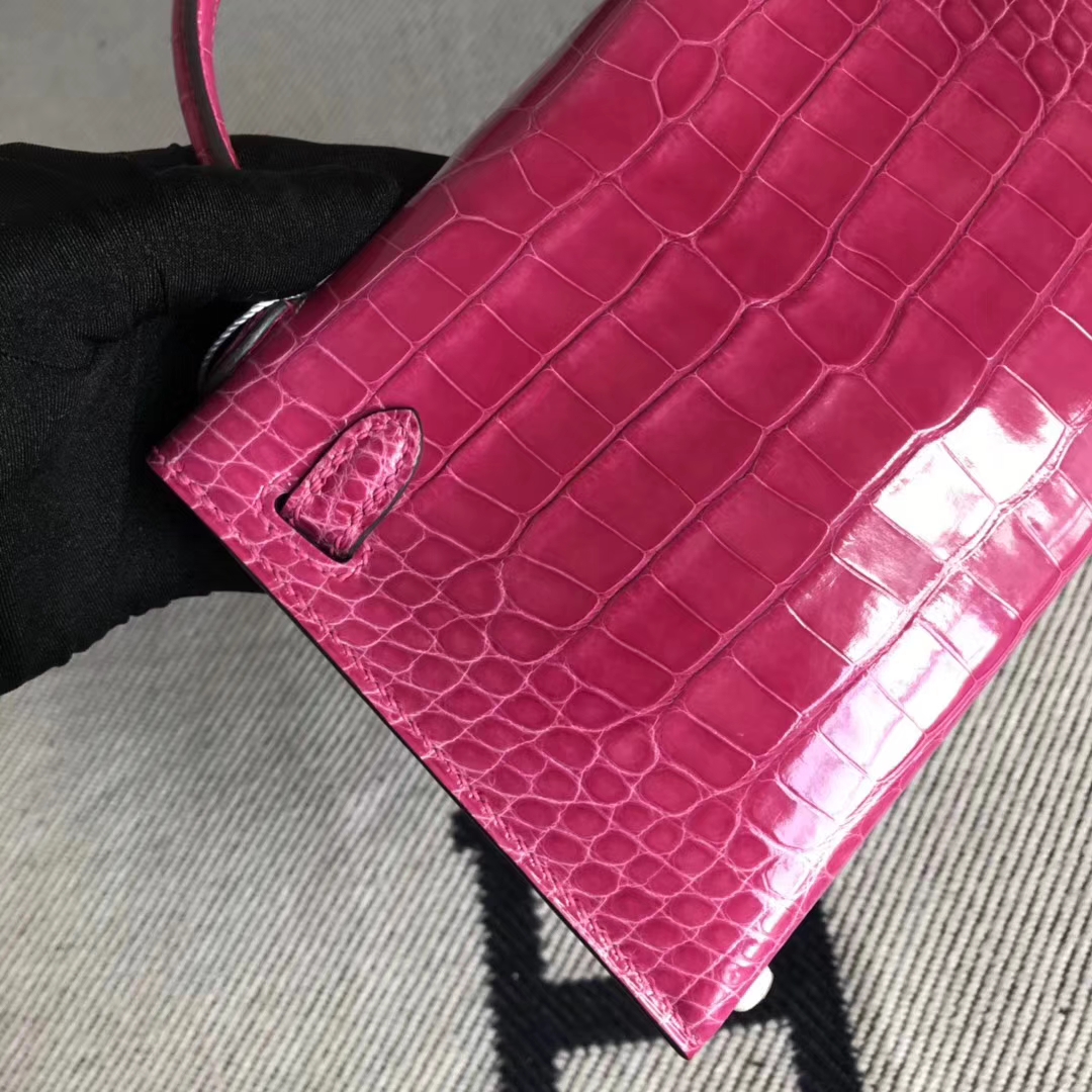Noble Hermes 5J Rose Peach Shiny Crocodile Minikelly-2 Evening Bag Silver Hardware