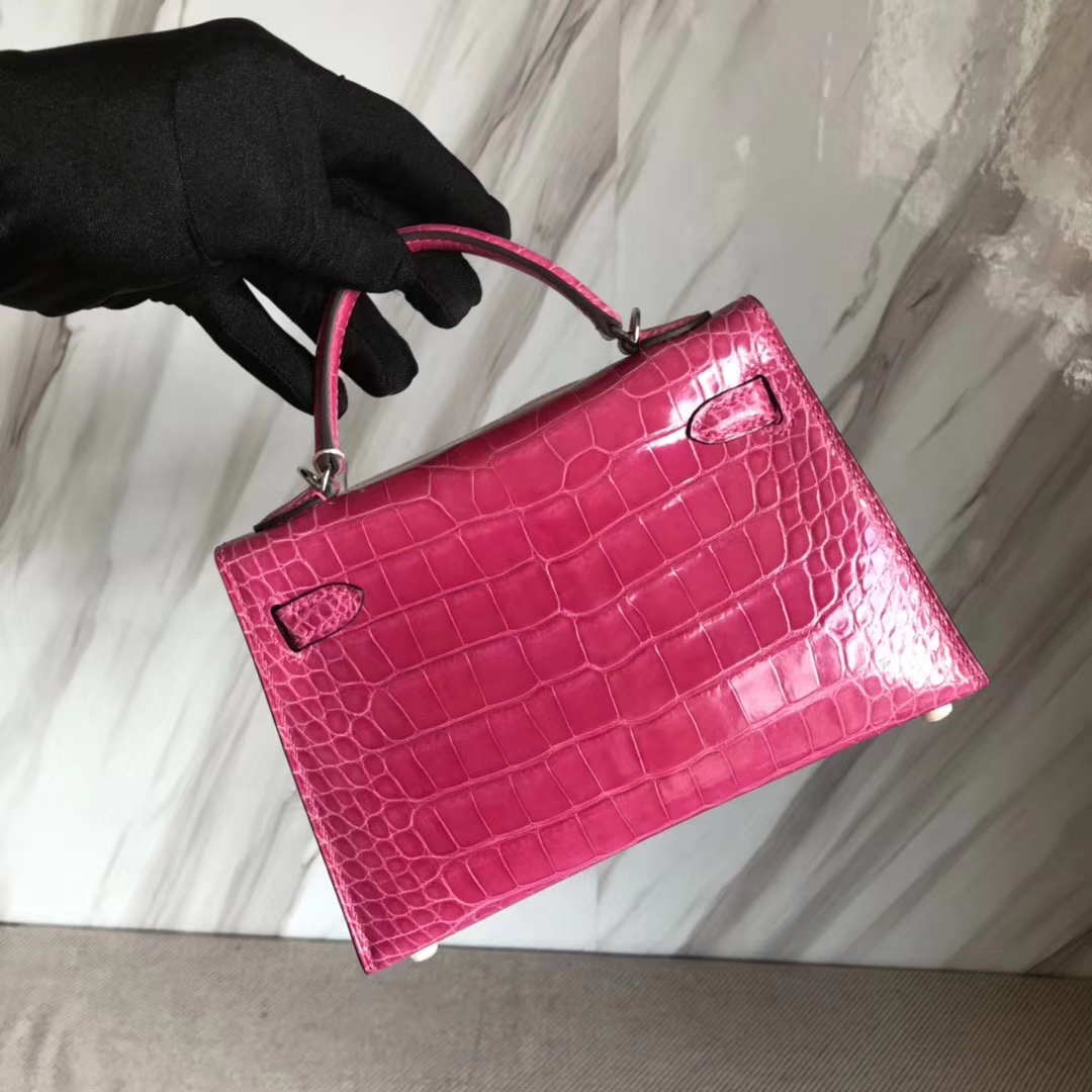 Noble Hermes 5J Rose Peach Shiny Crocodile Minikelly-2 Evening Bag Silver Hardware