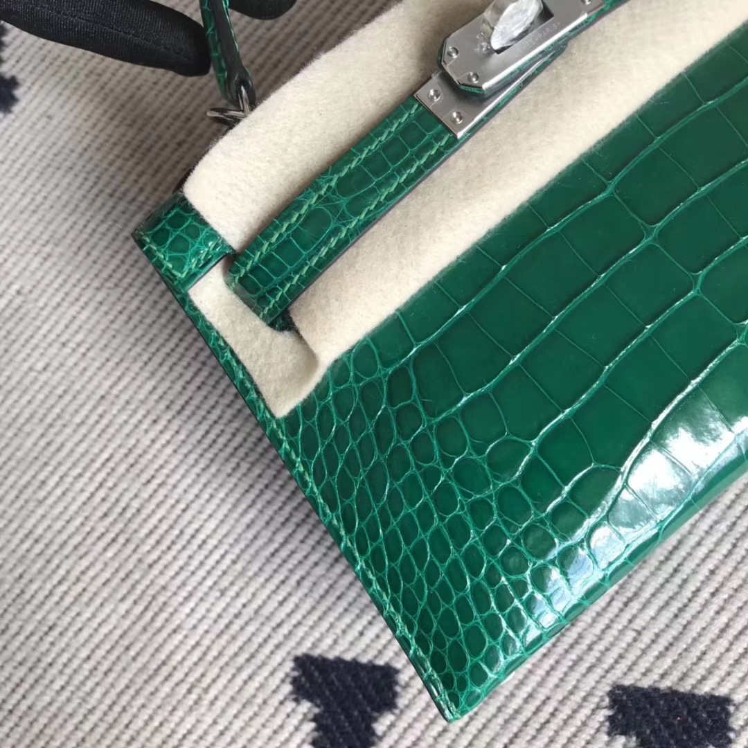 Sale Hermes 6Q Emerald Green Shiny Crocodile Leather Minikelly-2 Evening Bag