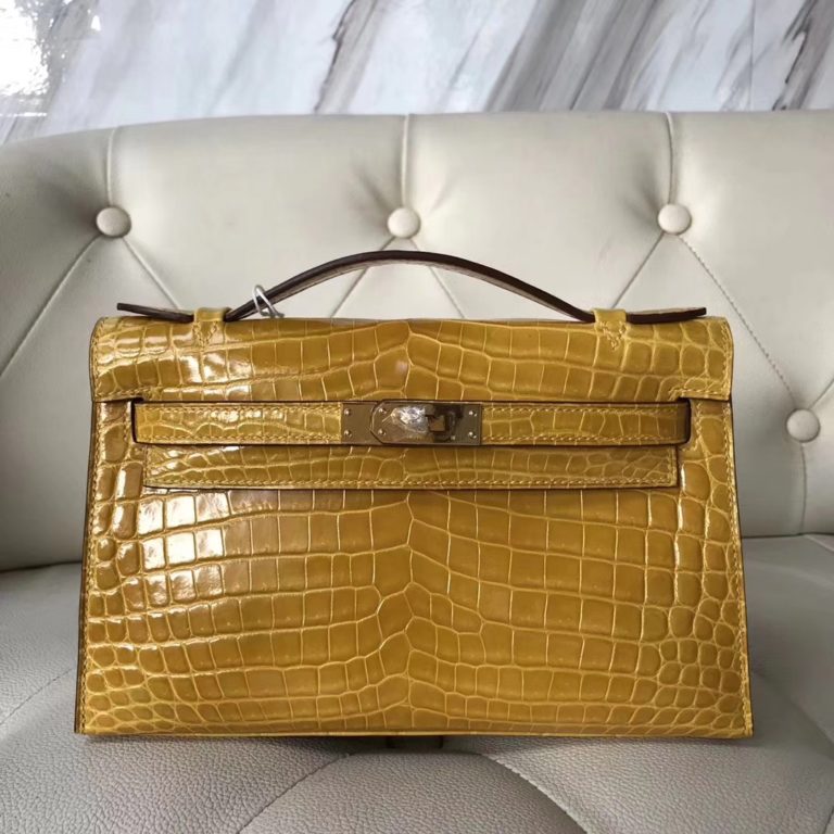 Hermes Shiny Crocodile Leather Minikelly Pochette  22CM in 9D Ambre Yellow Gold Hardware
