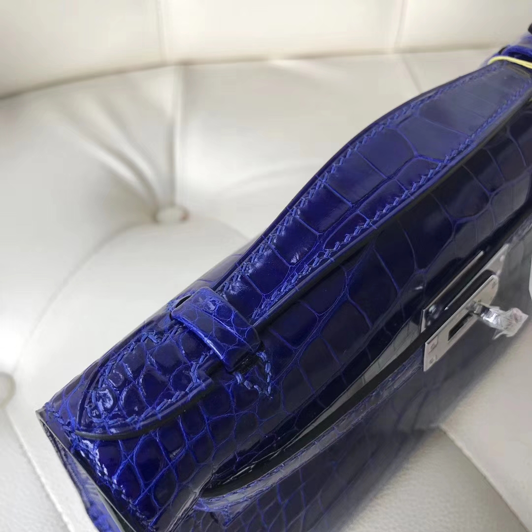 Noble Hermes 7T Blue Electric Alligator Shiny Crocodile Minikelly22CM Clutch Bag Silver Hardware