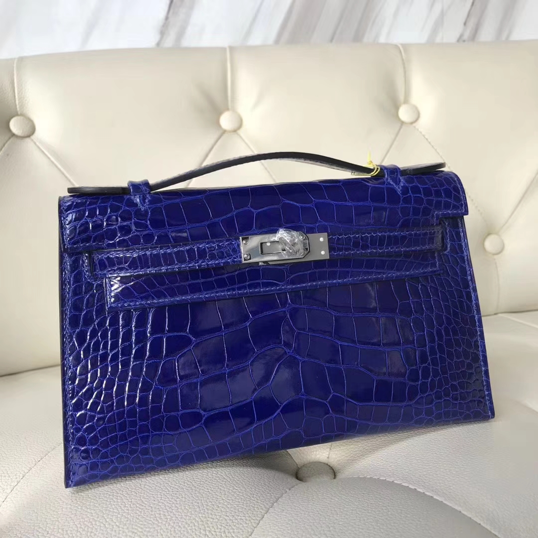 Noble Hermes 7T Blue Electric Alligator Shiny Crocodile Minikelly22CM Clutch Bag Silver Hardware