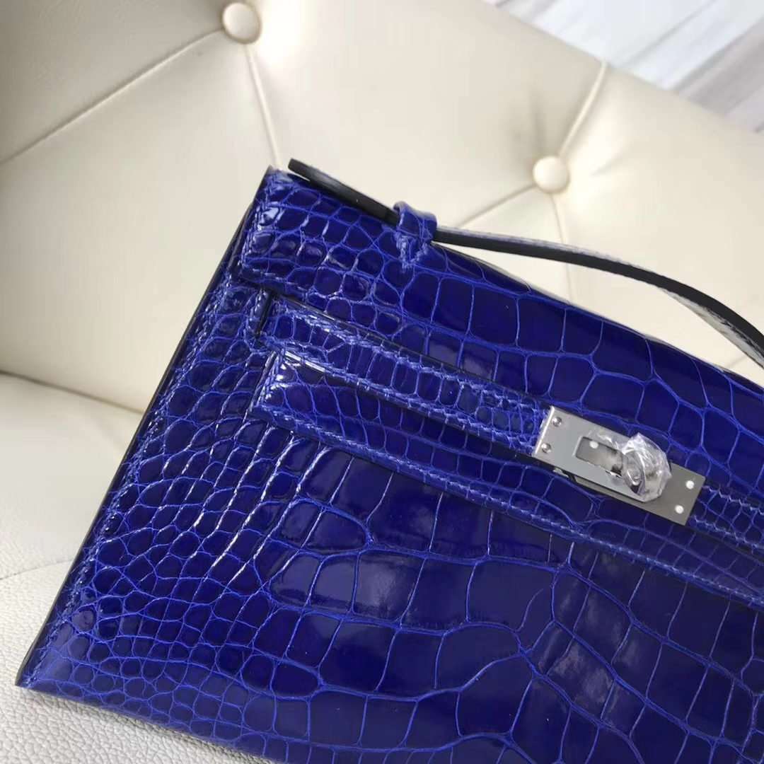 Noble Hermes 7T Blue Electric Alligator Shiny Crocodile Minikelly22CM Clutch Bag Silver Hardware