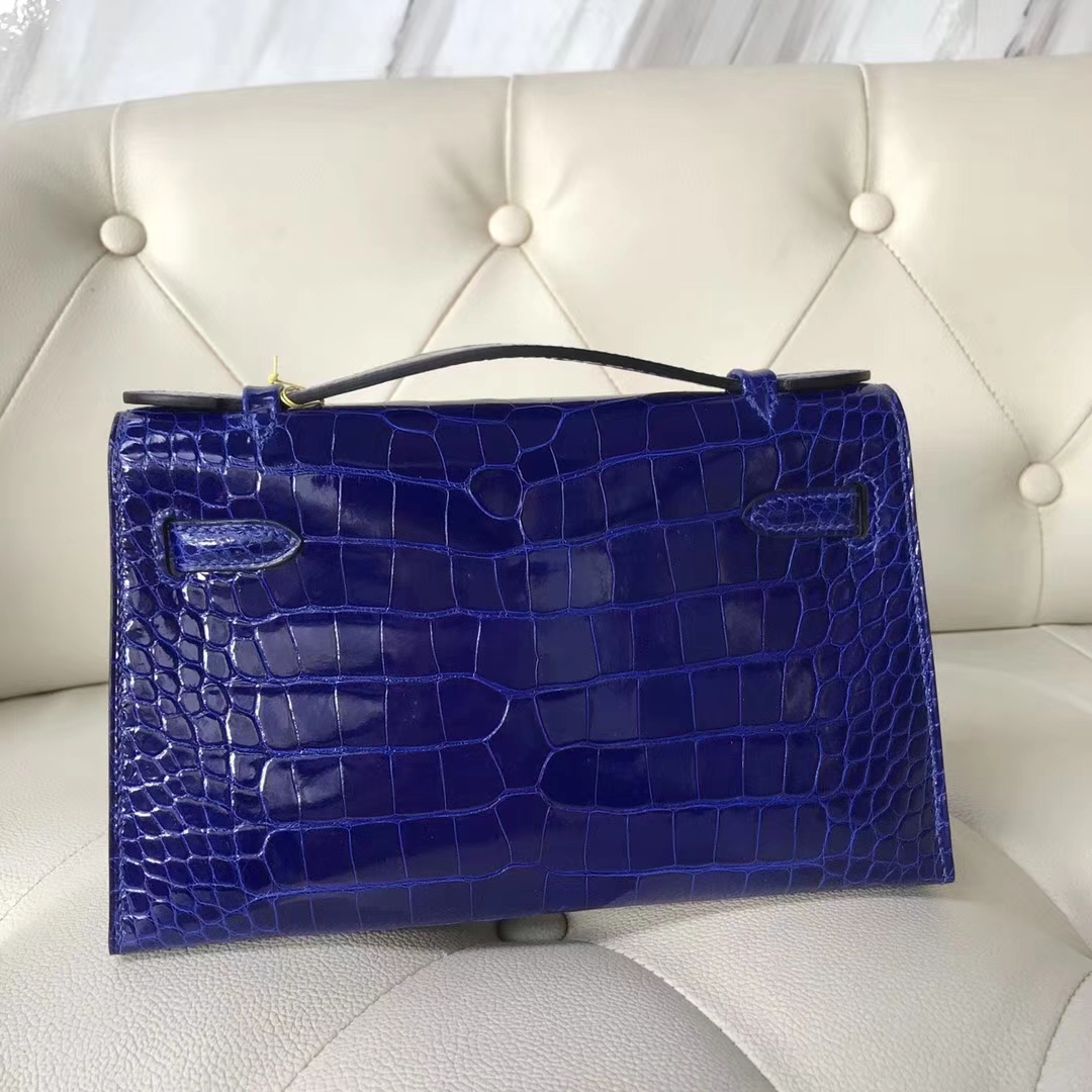 Noble Hermes 7T Blue Electric Alligator Shiny Crocodile Minikelly22CM Clutch Bag Silver Hardware
