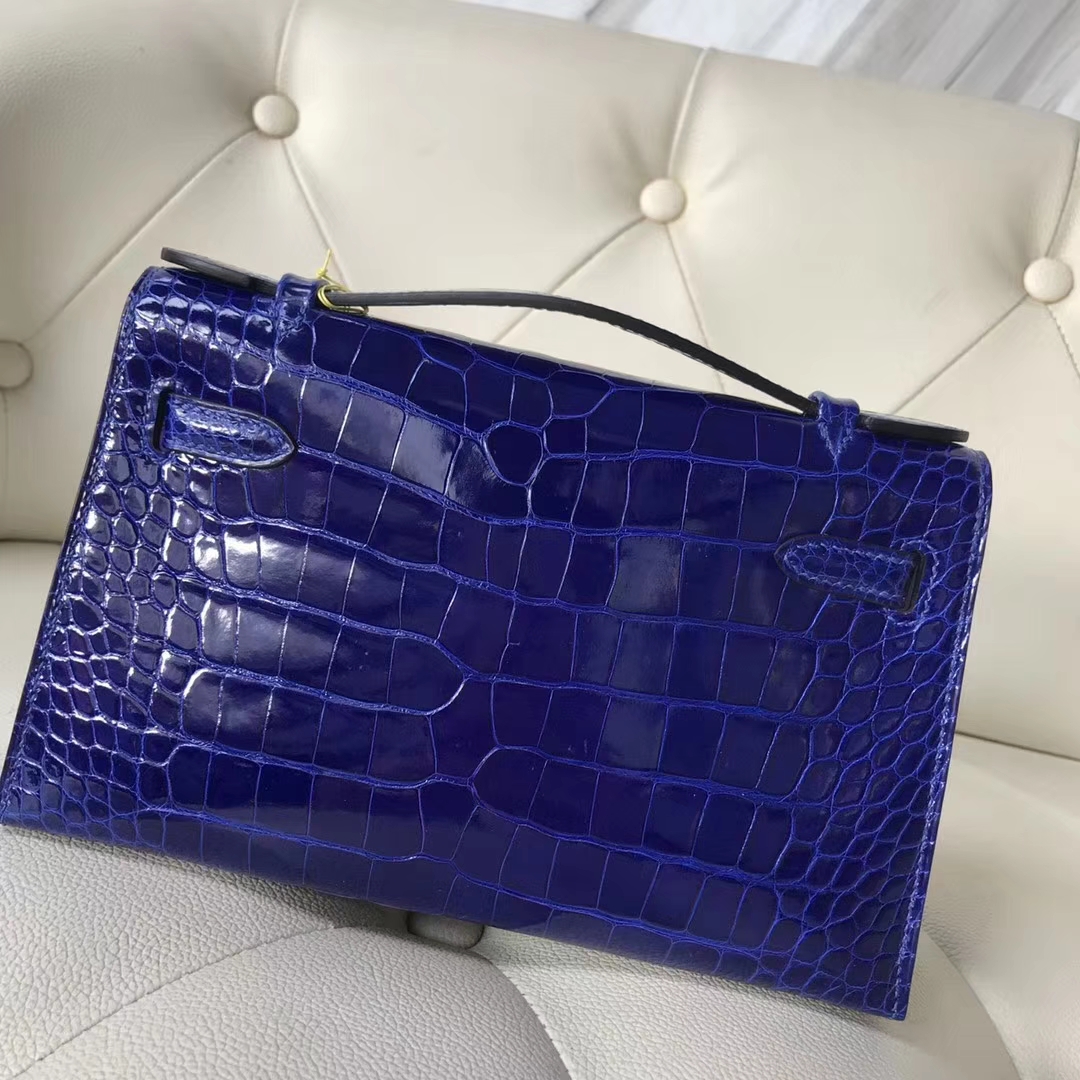 Noble Hermes 7T Blue Electric Alligator Shiny Crocodile Minikelly22CM Clutch Bag Silver Hardware