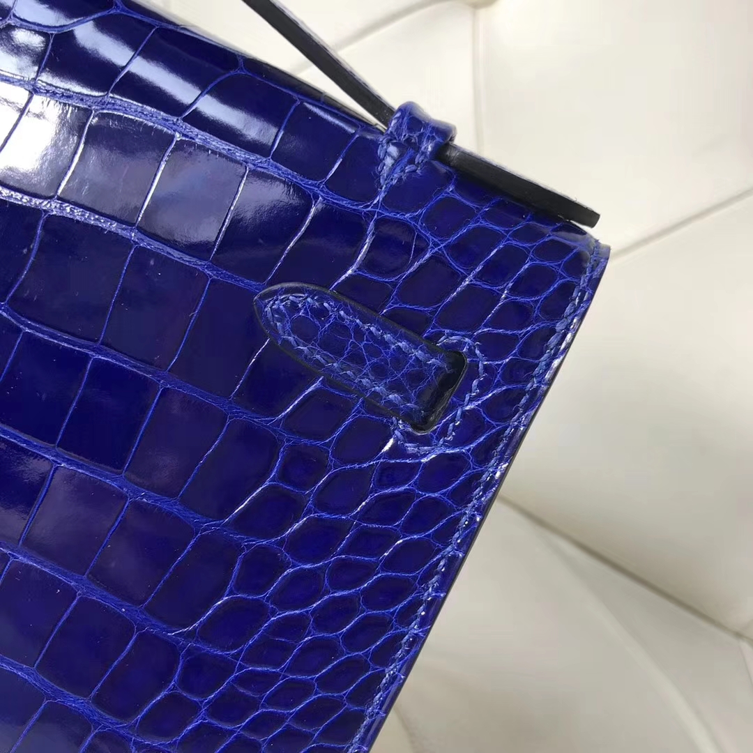 Noble Hermes 7T Blue Electric Alligator Shiny Crocodile Minikelly22CM Clutch Bag Silver Hardware