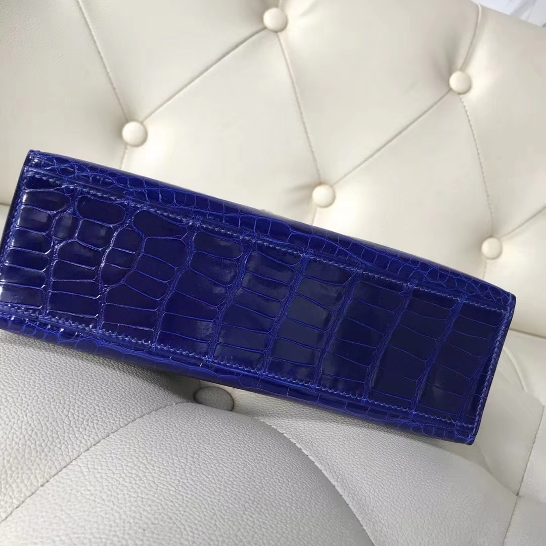 Noble Hermes 7T Blue Electric Alligator Shiny Crocodile Minikelly22CM Clutch Bag Silver Hardware