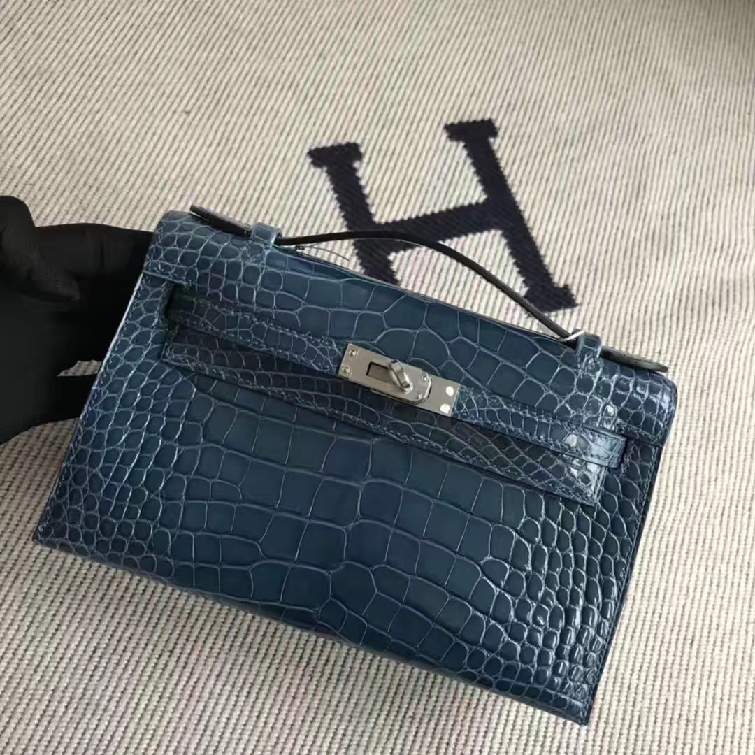 New Hermes Alligator Shiny Crocodile Minikelly Clutch Bag in 1P Blue Colvert Silver Hardware