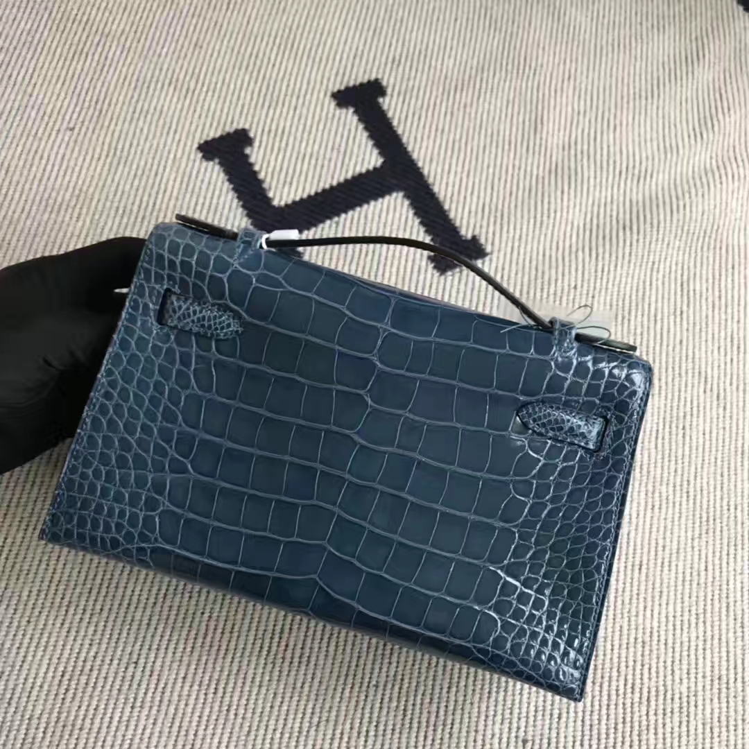 New Hermes Alligator Shiny Crocodile Minikelly Clutch Bag in 1P Blue Colvert Silver Hardware