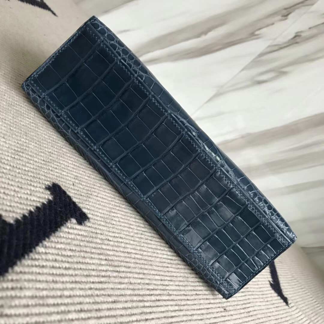 New Hermes Alligator Shiny Crocodile Minikelly Clutch Bag in 1P Blue Colvert Silver Hardware
