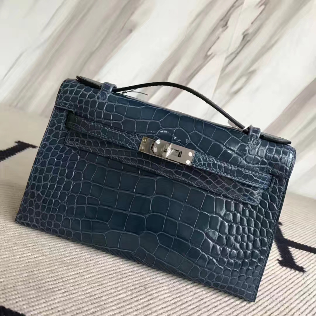 New Hermes Alligator Shiny Crocodile Minikelly Clutch Bag in 1P Blue Colvert Silver Hardware