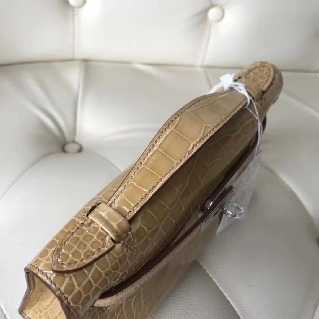 Fashion Hermes 1C Apricot Shiny Crocodile Leather Minikelly Evening Bag Silver Hardware