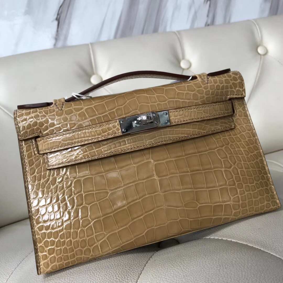 Fashion Hermes 1C Apricot Shiny Crocodile Leather Minikelly Evening Bag Silver Hardware
