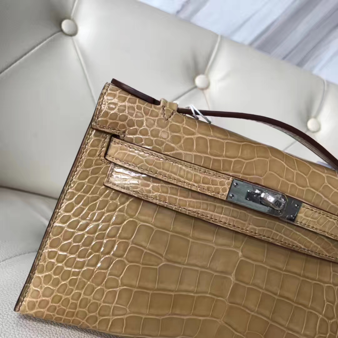 Fashion Hermes 1C Apricot Shiny Crocodile Leather Minikelly Evening Bag Silver Hardware