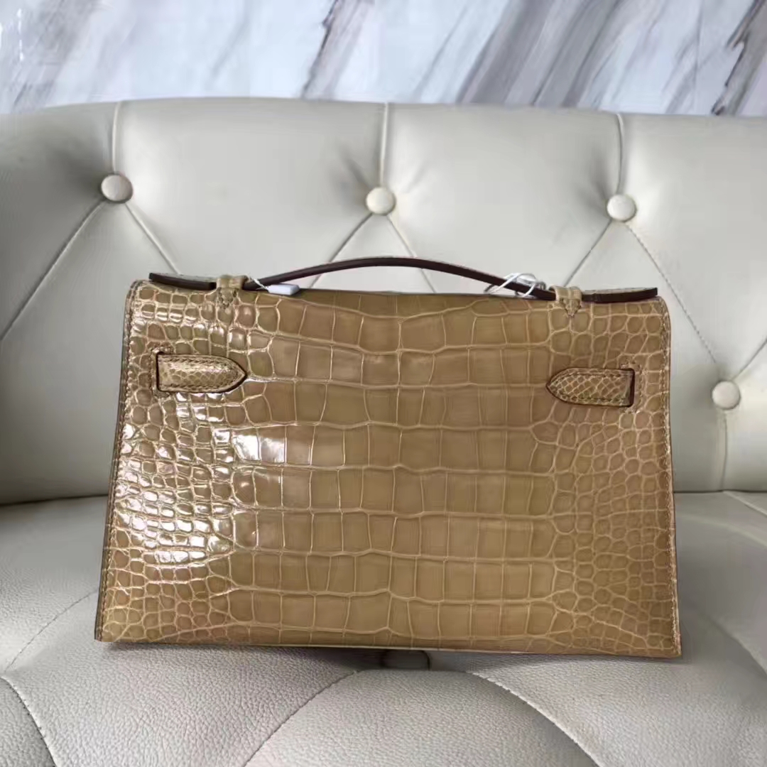 Fashion Hermes 1C Apricot Shiny Crocodile Leather Minikelly Evening Bag Silver Hardware