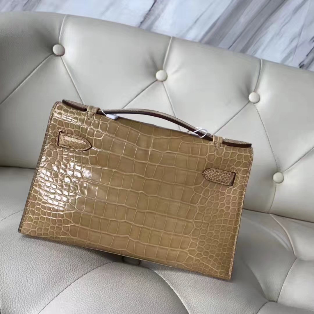 Fashion Hermes 1C Apricot Shiny Crocodile Leather Minikelly Evening Bag Silver Hardware