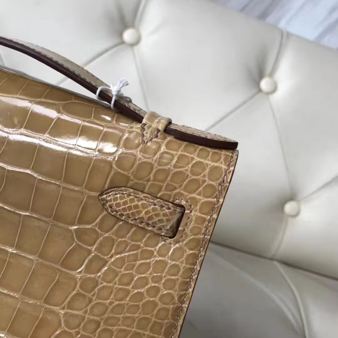 Fashion Hermes 1C Apricot Shiny Crocodile Leather Minikelly Evening Bag Silver Hardware