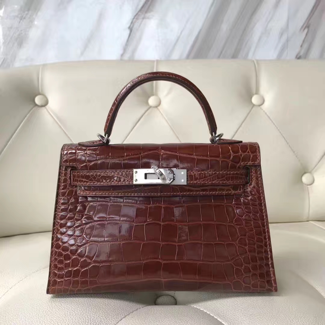 Sale Hermes Alligator Shiny Crocodile Minikelly-2 Clutch Bag in CK31 Miel Brown