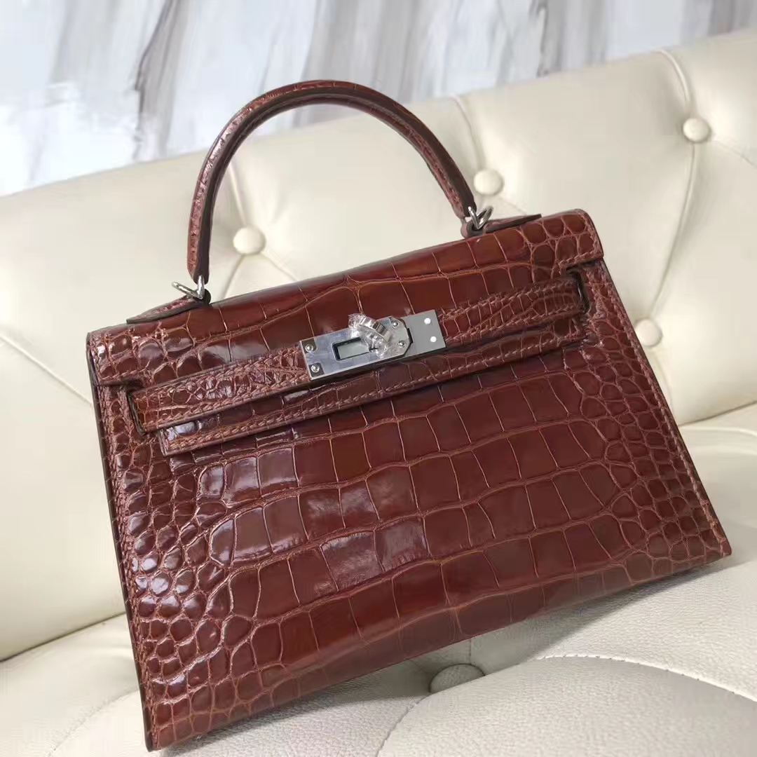 Sale Hermes Alligator Shiny Crocodile Minikelly-2 Clutch Bag in CK31 Miel Brown