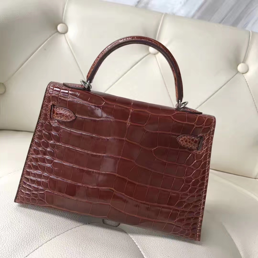 Sale Hermes Alligator Shiny Crocodile Minikelly-2 Clutch Bag in CK31 Miel Brown