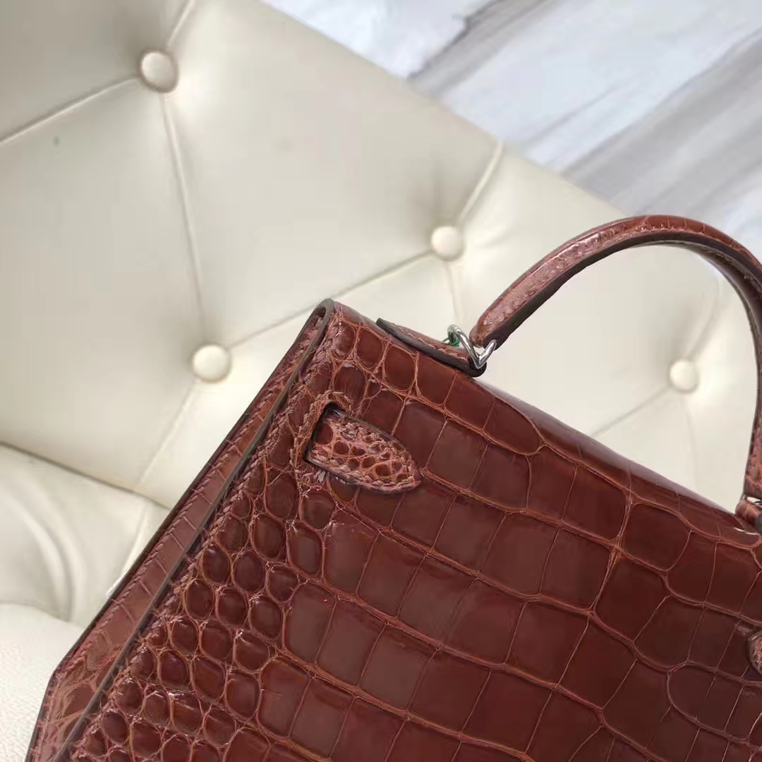 Sale Hermes Alligator Shiny Crocodile Minikelly-2 Clutch Bag in CK31 Miel Brown