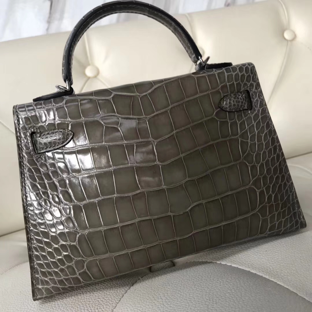 Elegant Hermes CK81 Gris Tourterelle Alligator Shiny Crocodile Minikelly-2 Clutch Bag