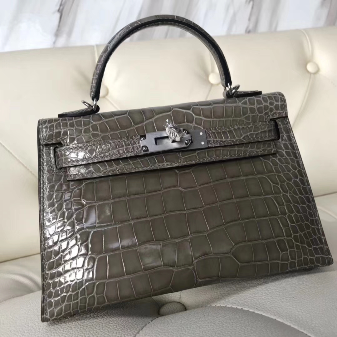 Elegant Hermes CK81 Gris Tourterelle Alligator Shiny Crocodile Minikelly-2 Clutch Bag