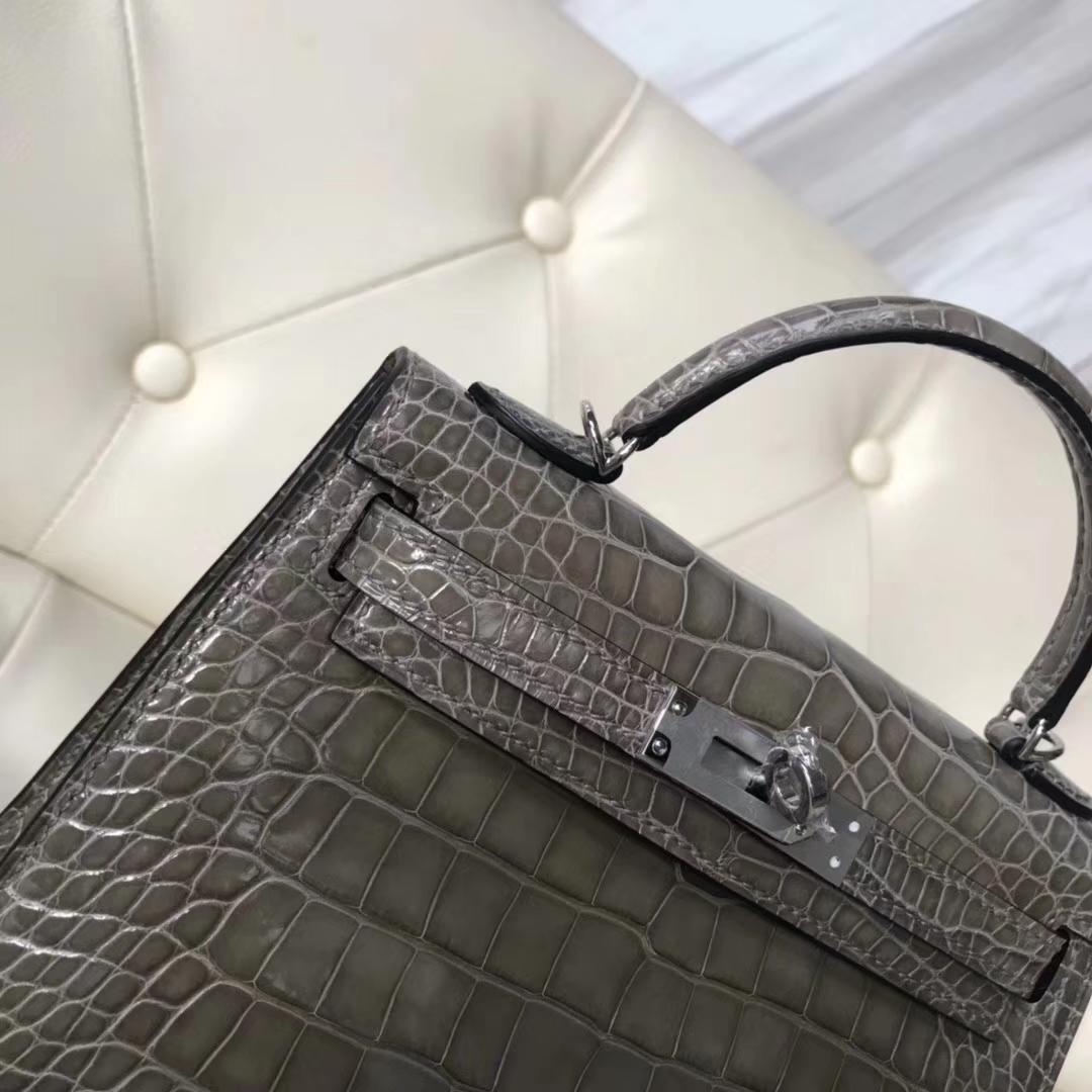 Elegant Hermes CK81 Gris Tourterelle Alligator Shiny Crocodile Minikelly-2 Clutch Bag