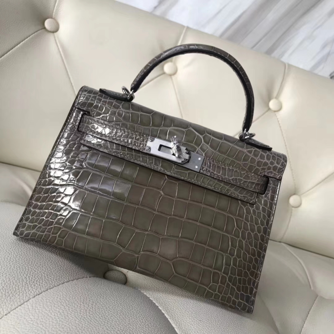 Elegant Hermes CK81 Gris Tourterelle Alligator Shiny Crocodile Minikelly-2 Clutch Bag
