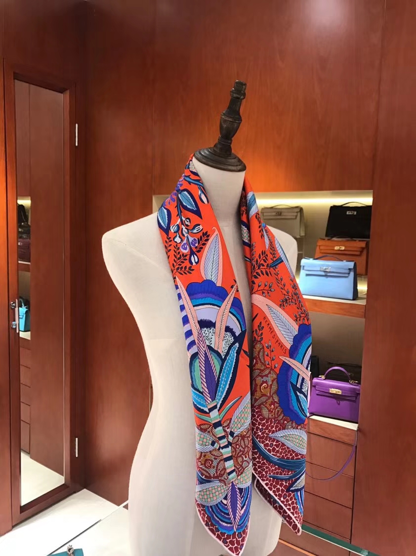 Hot Sale Hermes Orange Classic Printed 100%Mulberry Silk Square Scarf 90*90CM