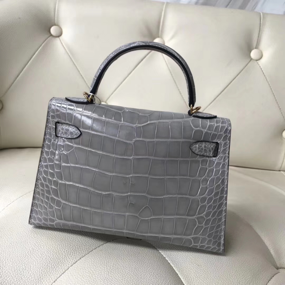 Sale Hermes Gris Paris Alligator Shiny Crocodile Minikelly-2 Evening Clutch Bag Gold Hardware