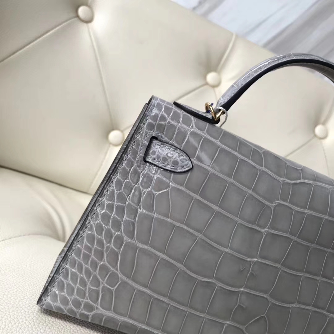 Sale Hermes Gris Paris Alligator Shiny Crocodile Minikelly-2 Evening Clutch Bag Gold Hardware