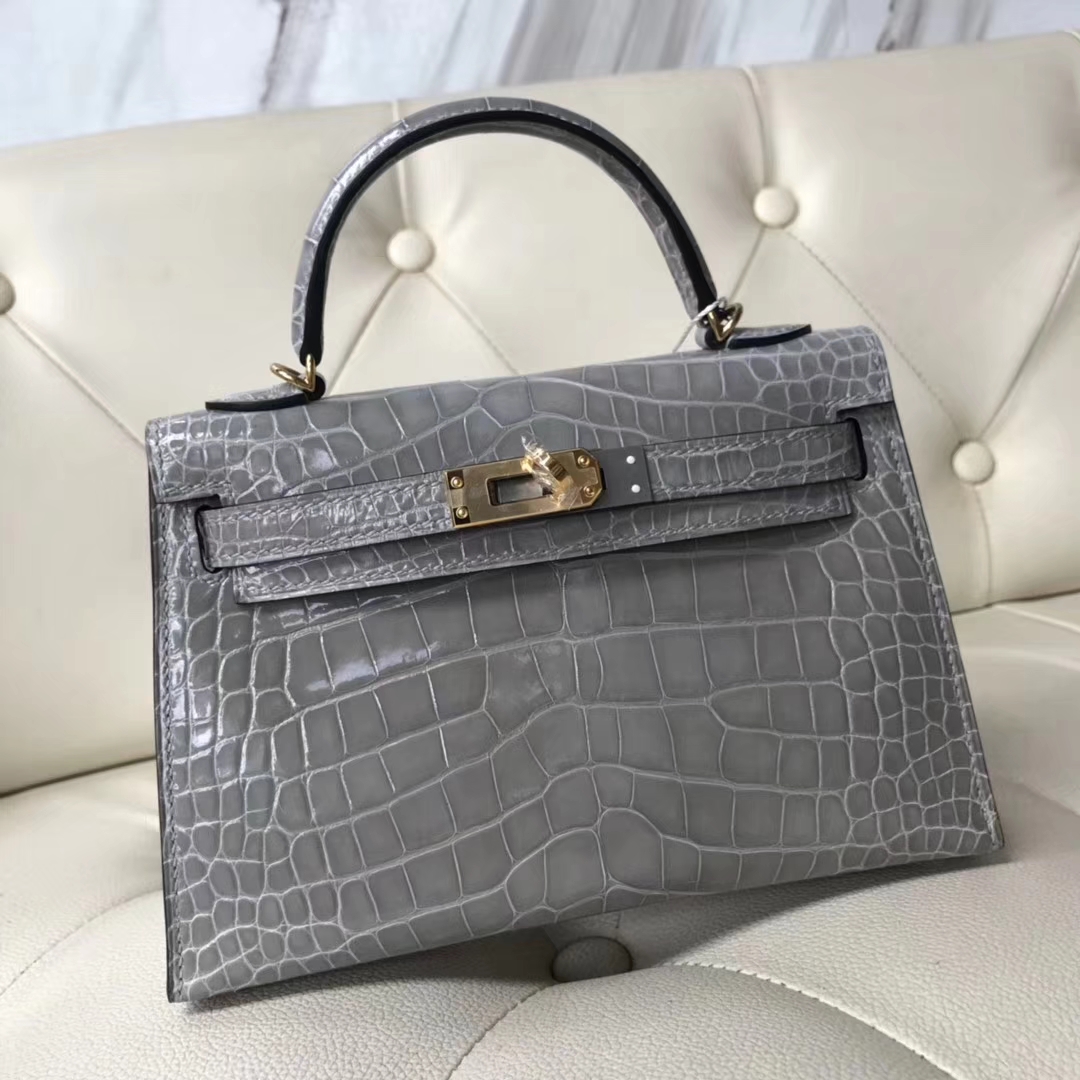Sale Hermes Gris Paris Alligator Shiny Crocodile Minikelly-2 Evening Clutch Bag Gold Hardware
