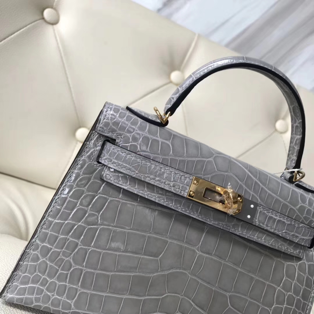 Sale Hermes Gris Paris Alligator Shiny Crocodile Minikelly-2 Evening Clutch Bag Gold Hardware