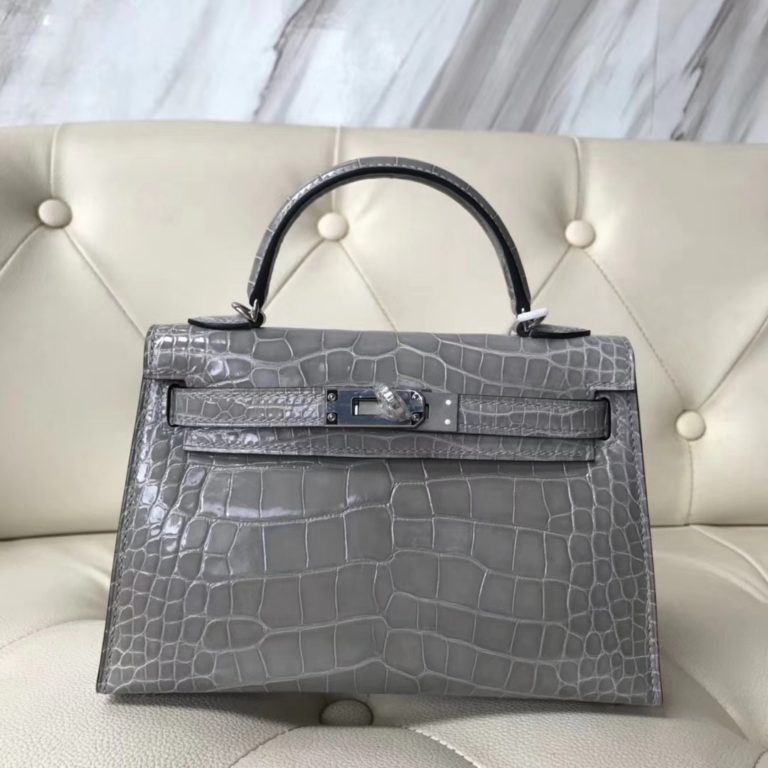 Hermes Shiny Crocodile Minikelly-2 Evening Bag in Gris Paris Silver Hardware
