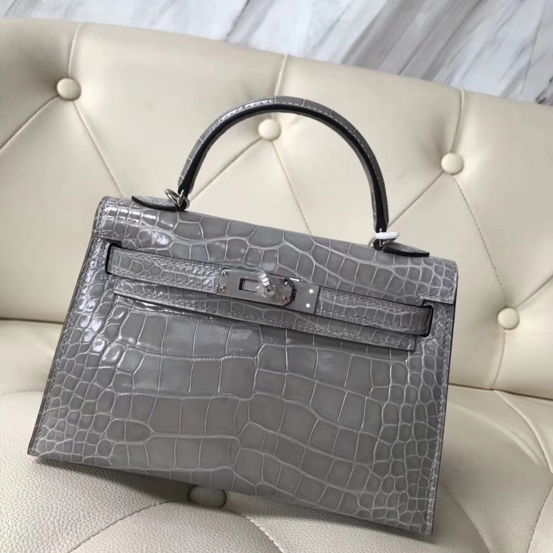 Discount Hermes Shiny Crocodile Minikelly-2 Evening Bag in Gris Paris Silver Hardware