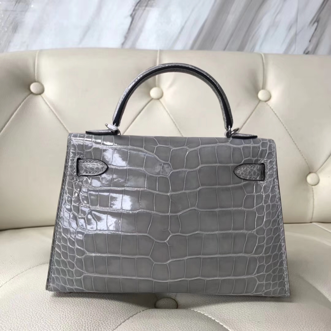 Discount Hermes Shiny Crocodile Minikelly-2 Evening Bag in Gris Paris Silver Hardware