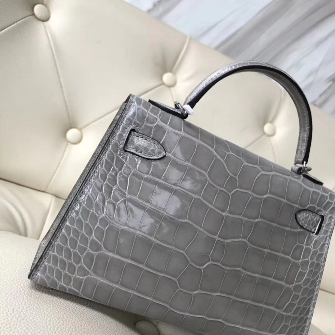 Discount Hermes Shiny Crocodile Minikelly-2 Evening Bag in Gris Paris Silver Hardware