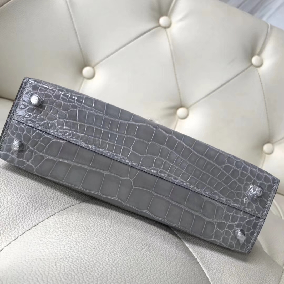 Discount Hermes Shiny Crocodile Minikelly-2 Evening Bag in Gris Paris Silver Hardware