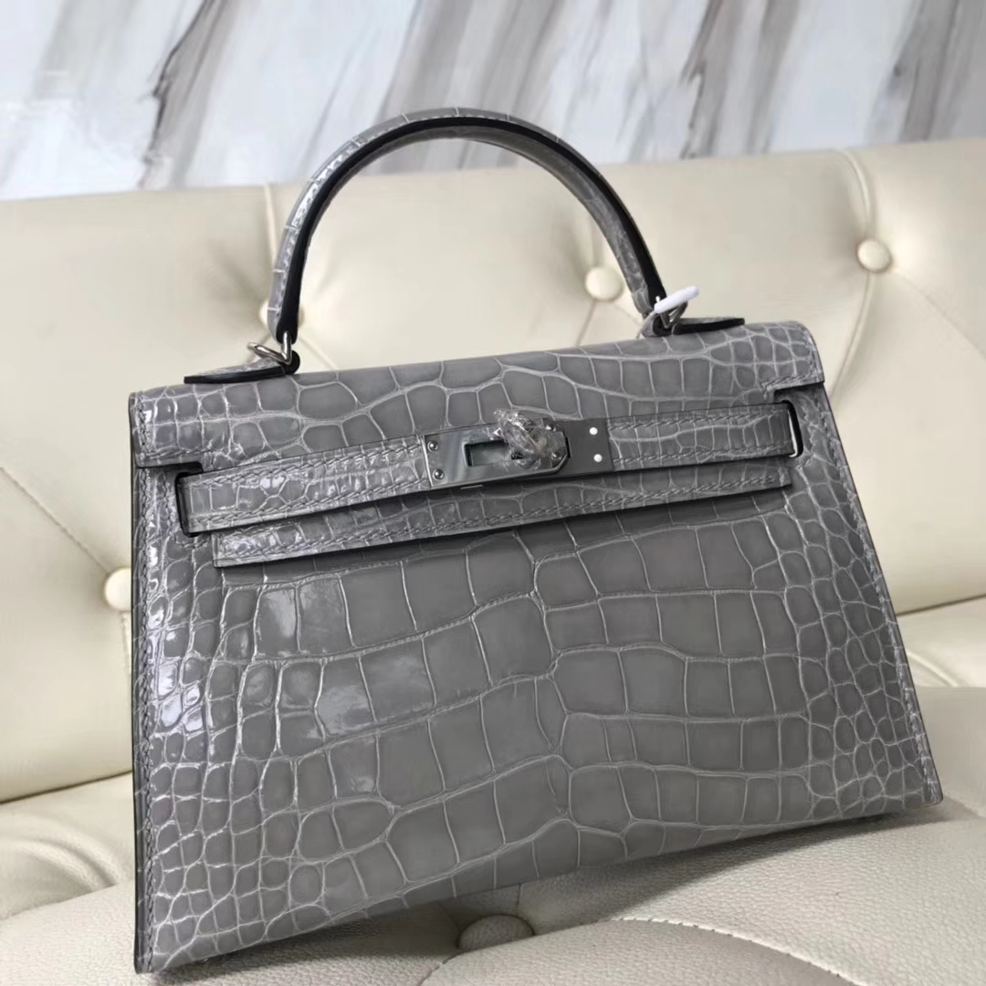 Discount Hermes Shiny Crocodile Minikelly-2 Evening Bag in Gris Paris Silver Hardware