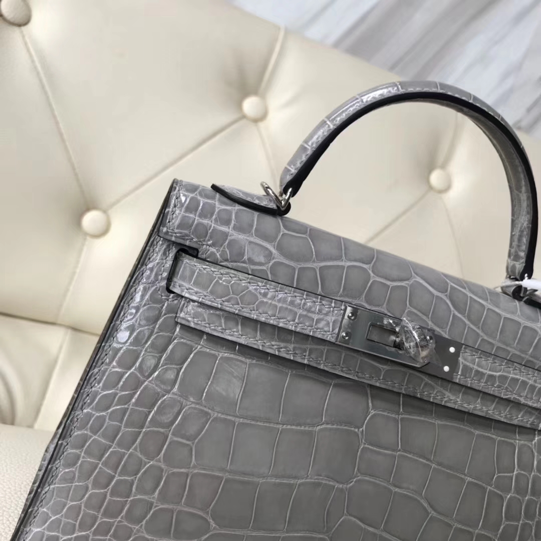 Discount Hermes Shiny Crocodile Minikelly-2 Evening Bag in Gris Paris Silver Hardware