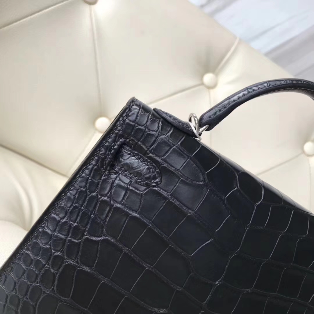 Elegant Hermes CK89 Black Alligator Matt Crocodile Minikelly-2 Clutch Bag Silver Hardware