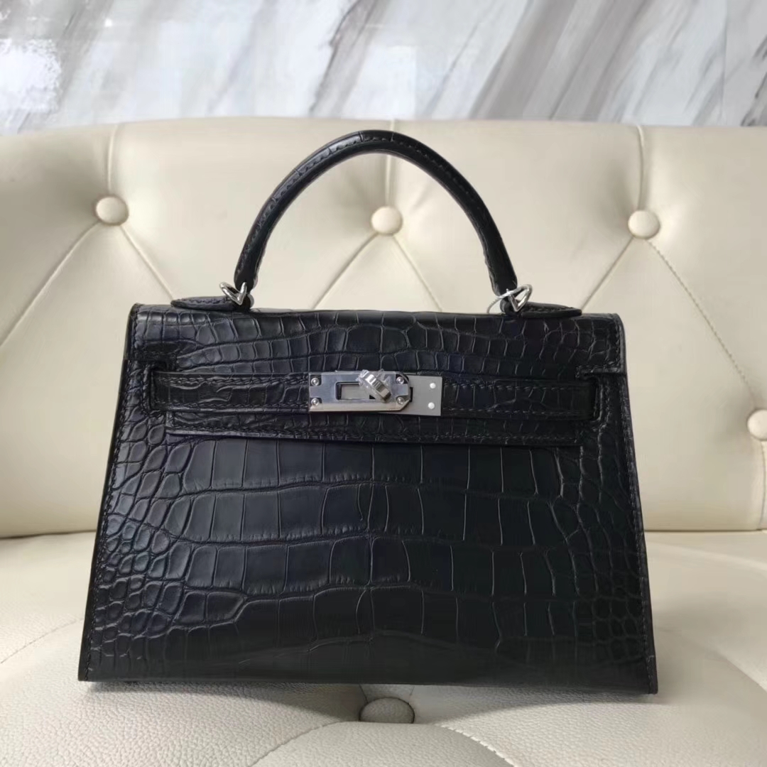 Elegant Hermes CK89 Black Alligator Matt Crocodile Minikelly-2 Clutch Bag Silver Hardware