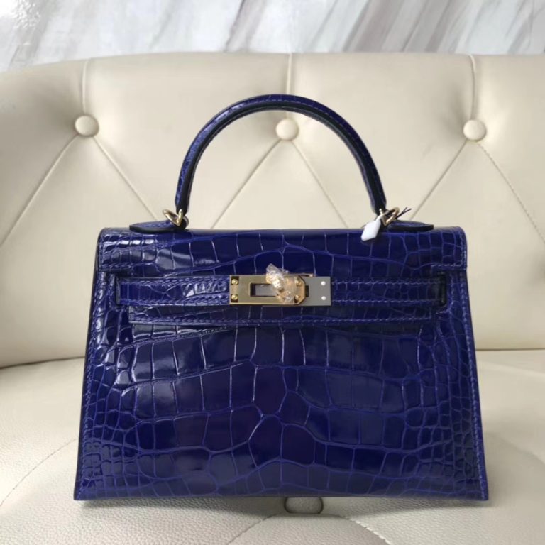 Hermes Shiny Crocodile Leather Minikelly-2 Evening Clutch in 7T Blue Eletric Gold Hardware