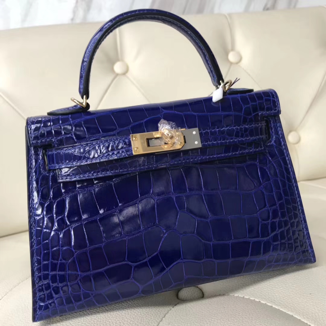 Discount Hermes Shiny Crocodile Leather Minikelly-2 Evening Clutch in 7T Blue Eletric Gold Hardware