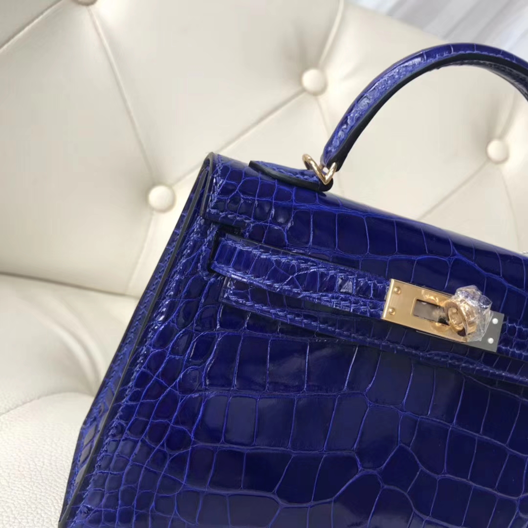 Discount Hermes Shiny Crocodile Leather Minikelly-2 Evening Clutch in 7T Blue Eletric Gold Hardware