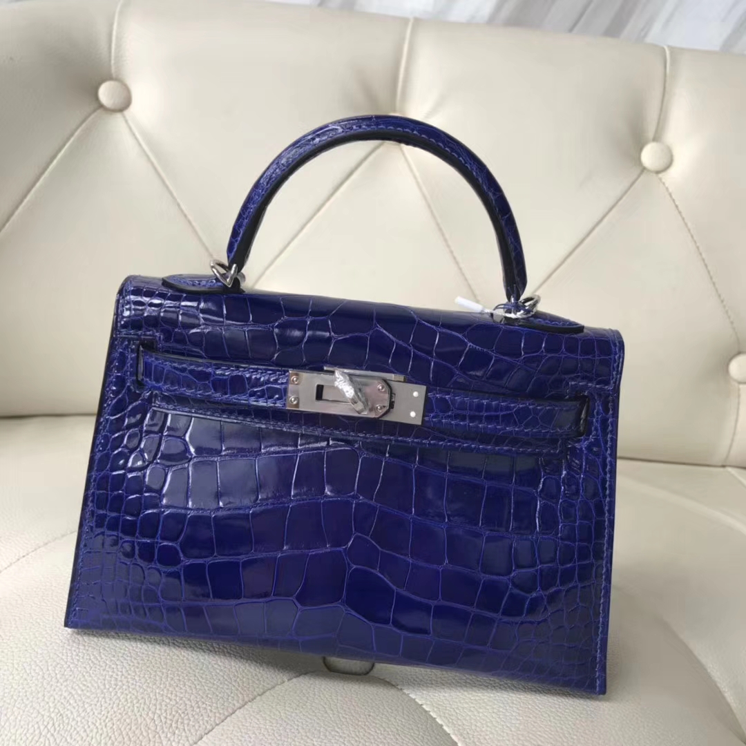 Luxury Hermes 7T Blue Eletric Shiny Crocodile Leather Minikelly-2 Clutch Bag Silver Hardware