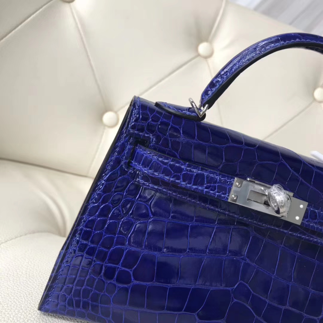 Luxury Hermes 7T Blue Eletric Shiny Crocodile Leather Minikelly-2 Clutch Bag Silver Hardware
